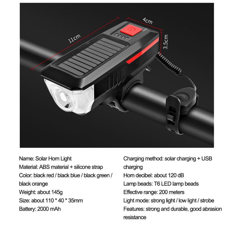 Bicycle Solar Headlight Horn Light Night Outdoor Riding USB Rechargeable Headlight Bicycle Strong Light Flashlight Equipment