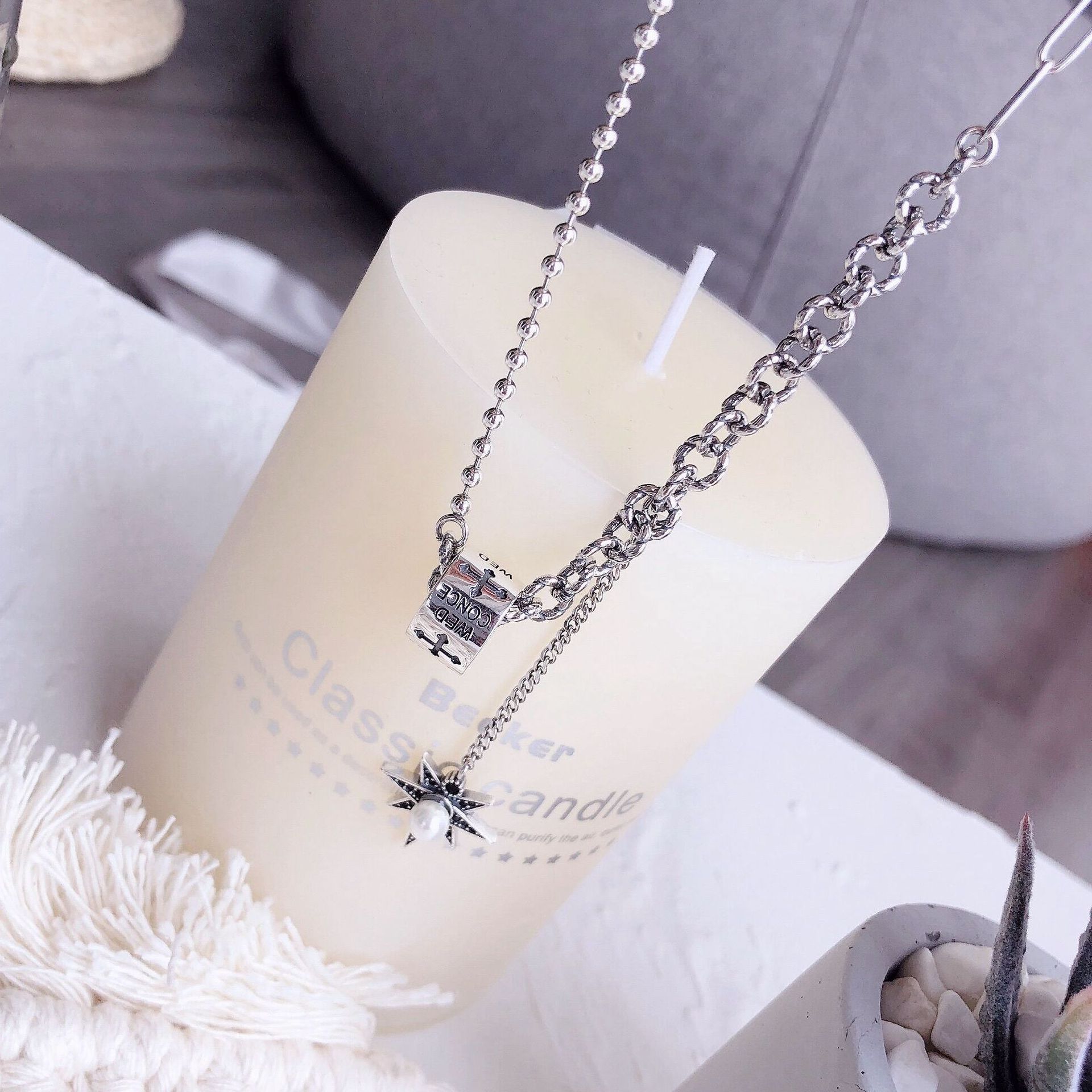 Cross Roller Clavicle Chain S925 Sterling Silver Korean Dongdaemun Retro Distressed Fashion European and American Style as Right as Rain Necklace Cross Roller Clavicle Chain S925 Sterling Silver Korean Dongdaemun Retro Distressed Fashion European and American Style as Right as Rain Necklace
