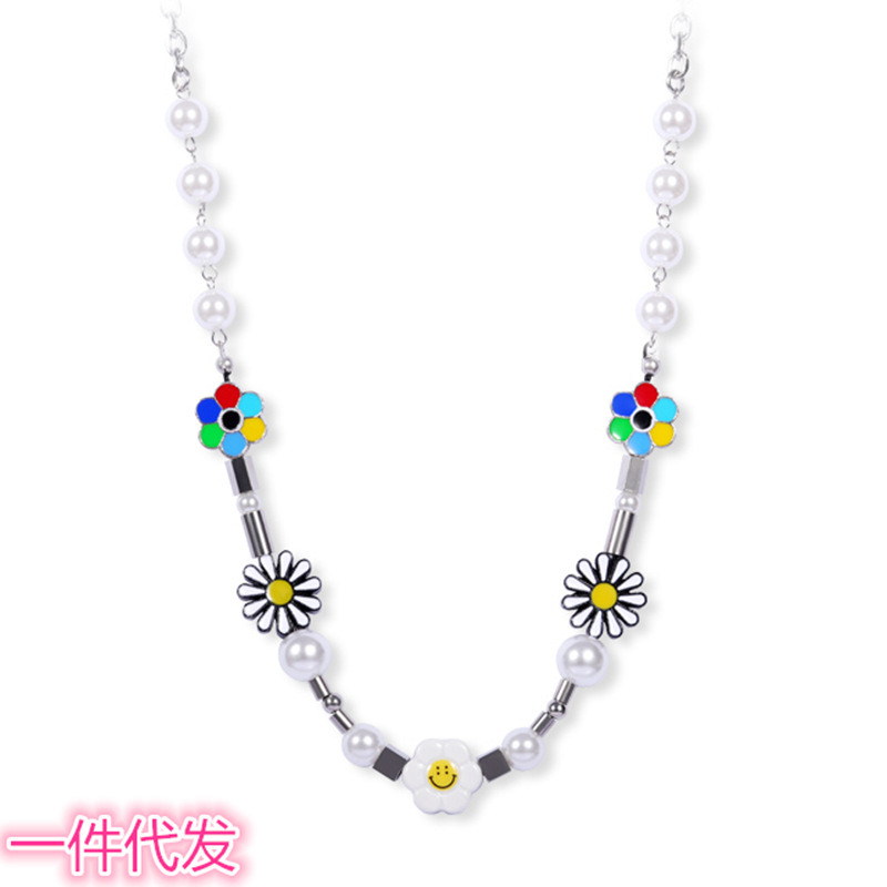 National Fashion Hip Hop Style Duan Yien Same Style Smiley Face Daisy Anti-war SUNFLOWER Pearl Necklace Men&#039;s and Women&#039;s Necklaces Accessories