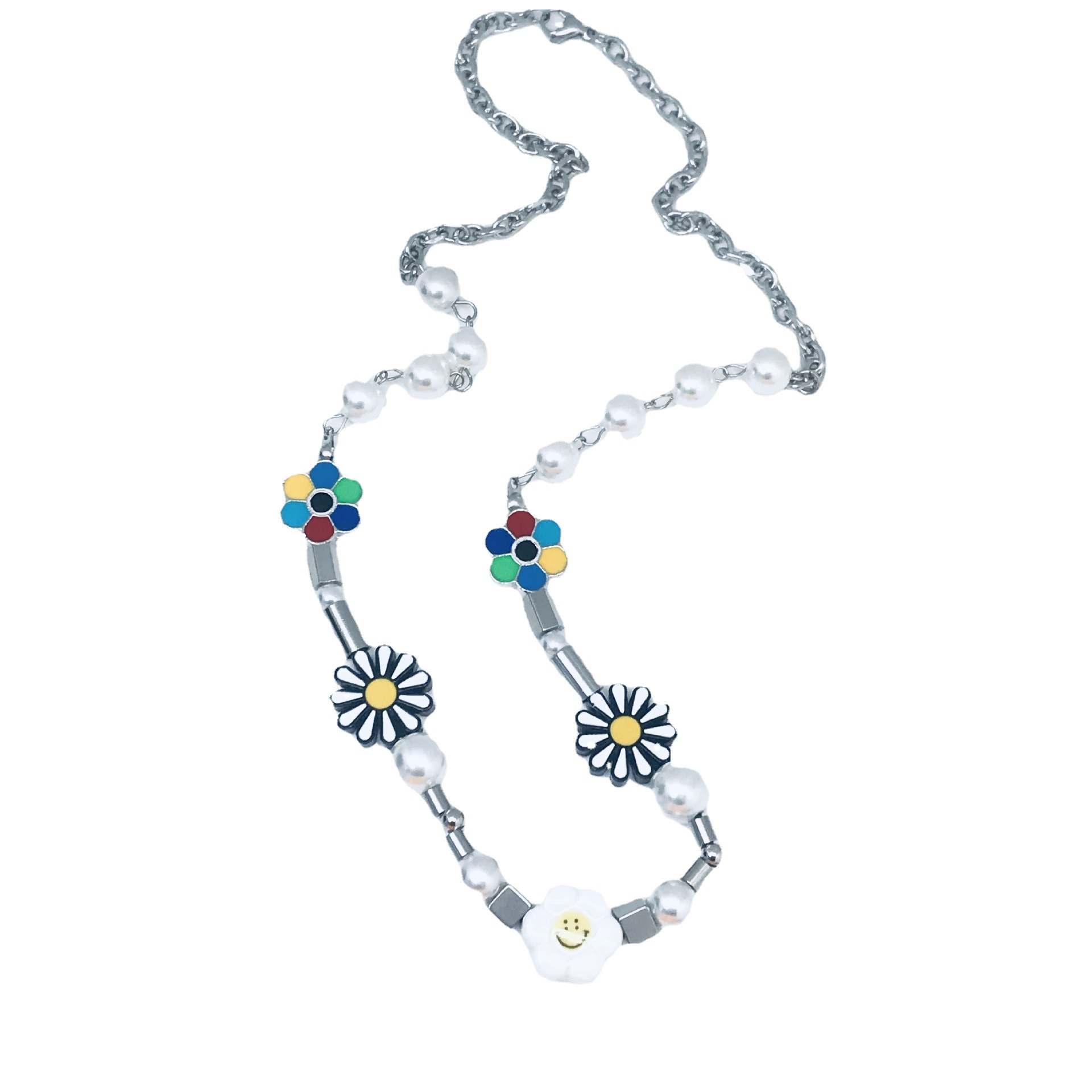 National Fashion Hip Hop Style Duan Yien Same Style Smiley Face Daisy Anti-war SUNFLOWER Pearl Necklace Men&#039;s and Women&#039;s Necklaces Accessories
