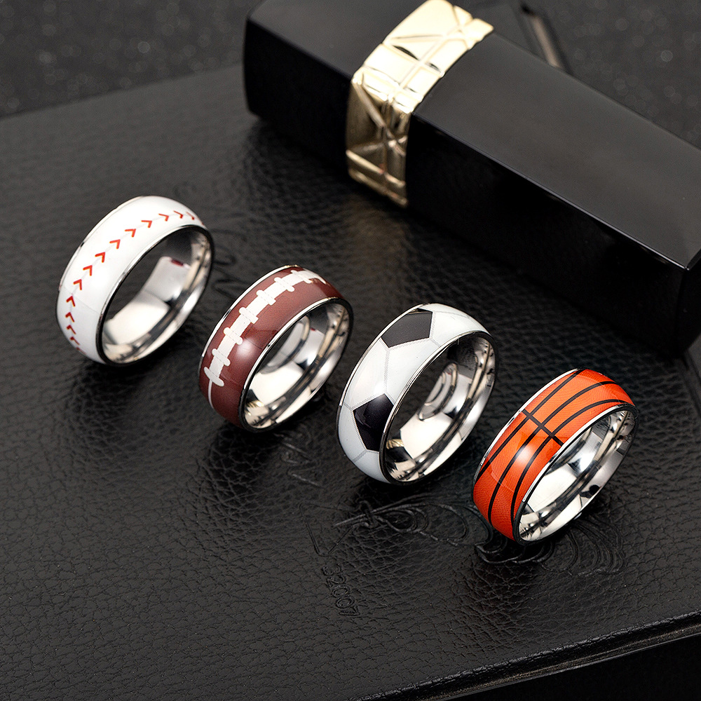Exclusive for Cross-Border Football Basketball Baseball Rugby Titanium Steel Ring Sporting Ornament Yiwu Jewelry Wholesale