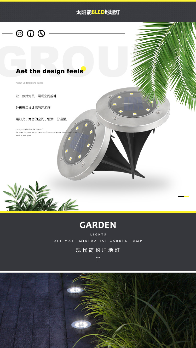 Solar Buried Light 8led Stainless Steel Outdoor New Plug-in Lawn Light Garden Rain-Proof Villa Floor Light
