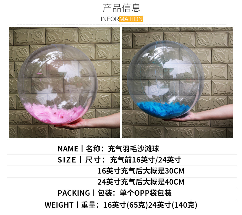 Cross-Border Hotline Ins Hot Sale Internet Celebrity Inflatable Transparent Feather Beach Ball PVC Ball Water Beach Toys