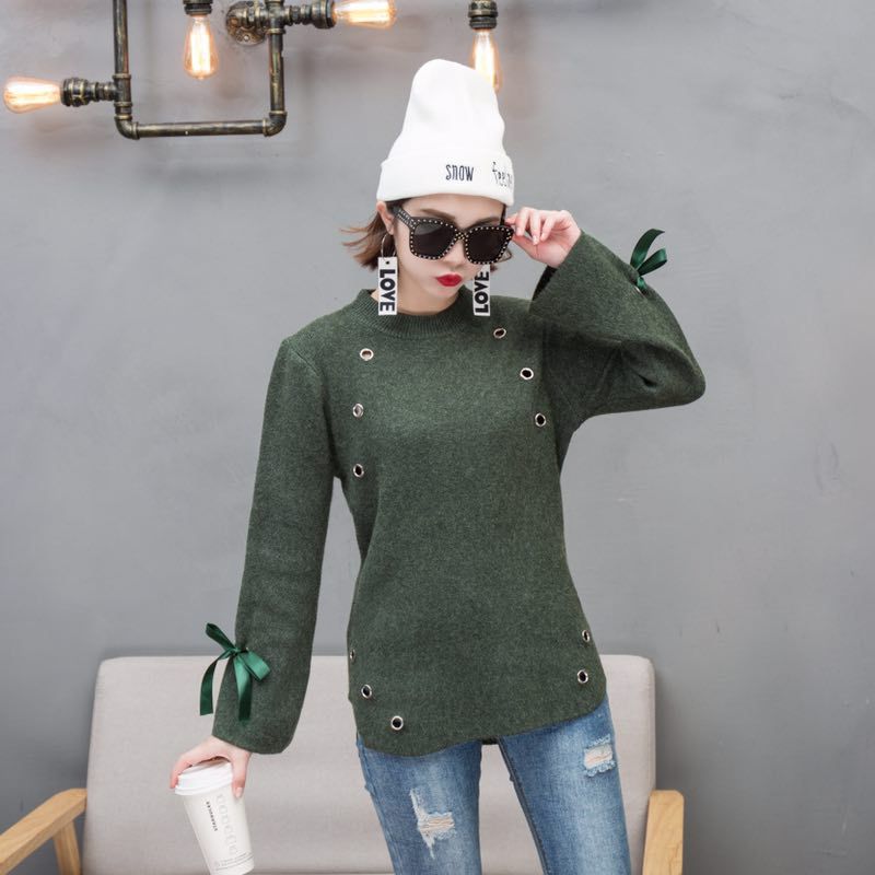 Han edition qiu dong new round knit sweater female punches lace-up cuff loose bottom unlined upper garment