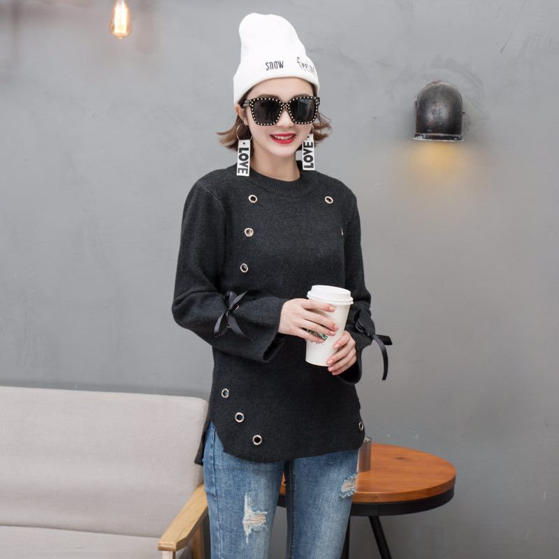 Han edition qiu dong new round knit sweater female punches lace-up cuff loose bottom unlined upper garment Han edition qiu dong new round knit sweater female punches lace-up cuff loose bottom unlined upper garment