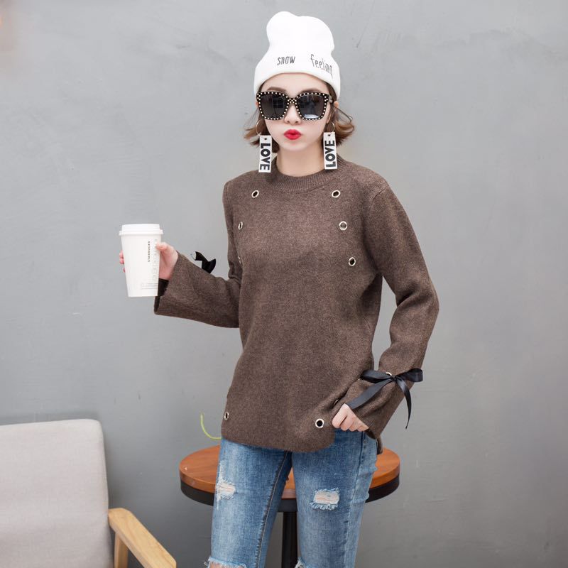 Han edition qiu dong new round knit sweater female punches lace-up cuff loose bottom unlined upper garment Han edition qiu dong new round knit sweater female punches lace-up cuff loose bottom unlined upper garment