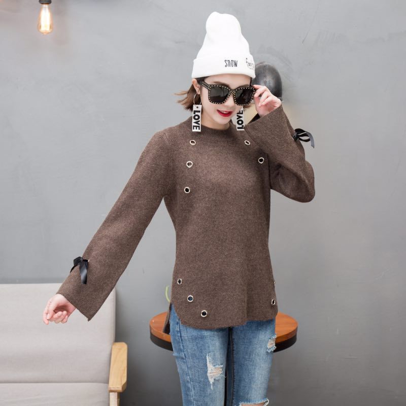 Han edition qiu dong new round knit sweater female punches lace-up cuff loose bottom unlined upper garment Han edition qiu dong new round knit sweater female punches lace-up cuff loose bottom unlined upper garment