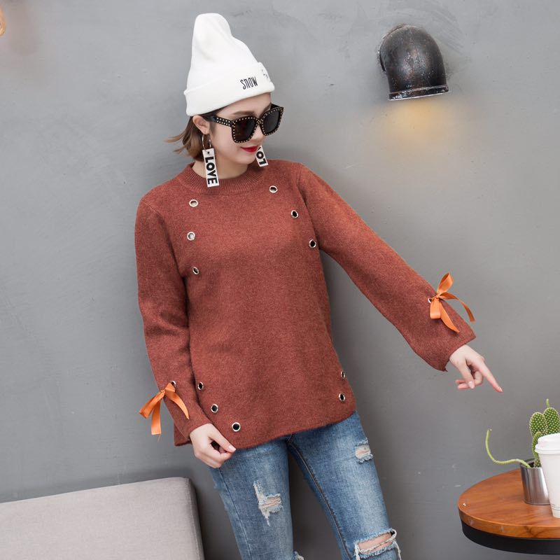 Han edition qiu dong new round knit sweater female punches lace-up cuff loose bottom unlined upper garment Han edition qiu dong new round knit sweater female punches lace-up cuff loose bottom unlined upper garment