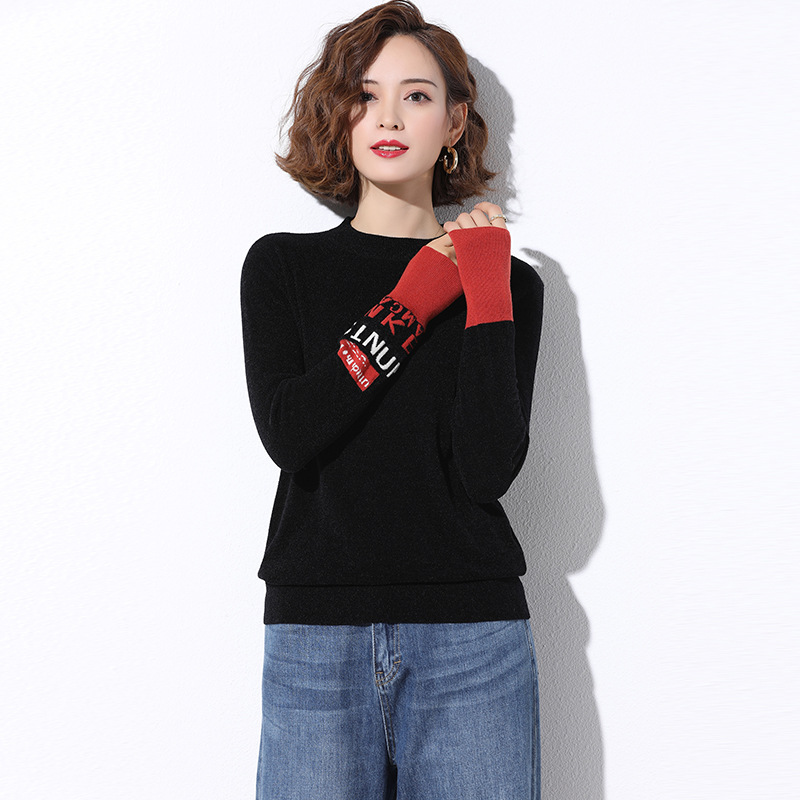 2020 Autumn/winter crystal bodice black cuff letter jacquard new velvet not easy to pilling versatile knit sweater women