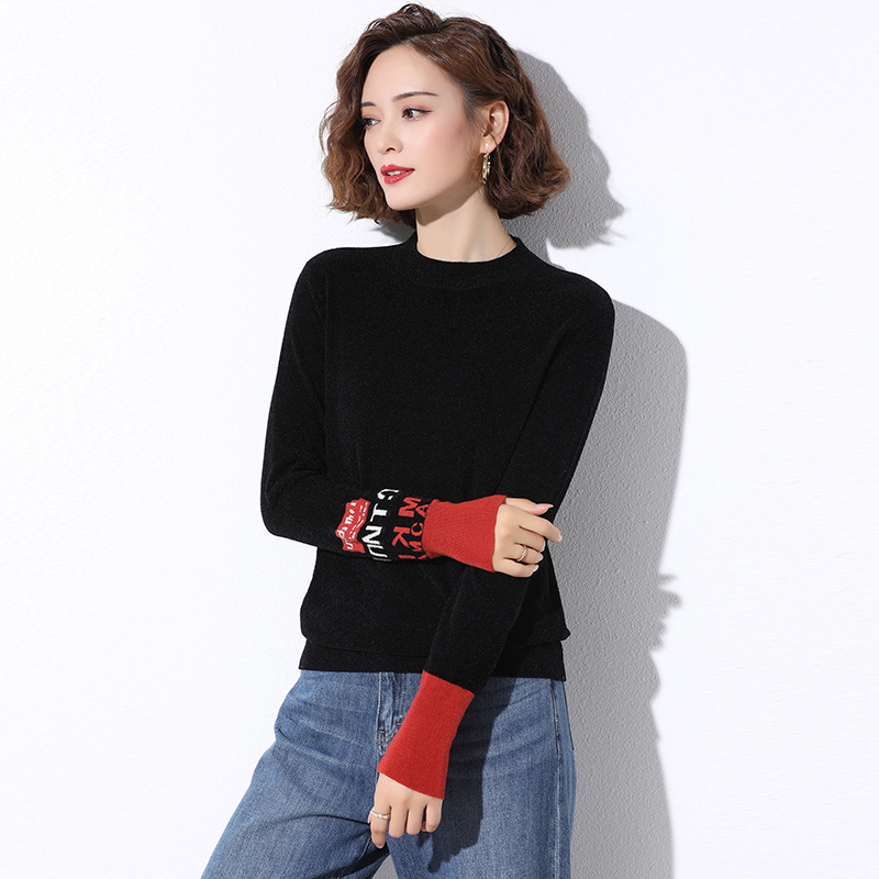 2020 Autumn/winter crystal bodice black cuff letter jacquard new velvet not easy to pilling versatile knit sweater women