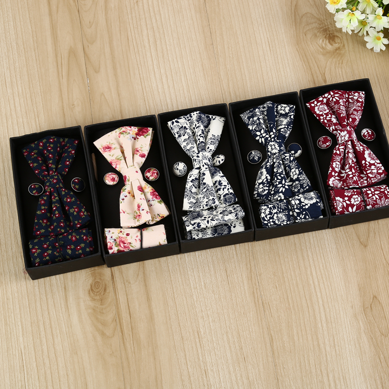 Factory Direct Sales Exquisite Fashion Bow Tie Square Towel Cuff Gift Box Three-Piece Set