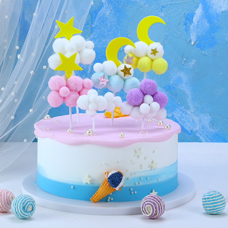 Cake Decoration Baking Birthday Party Cake Star Moon Hair Ball Plug-in Festive Dessert Billiards Decoration Card