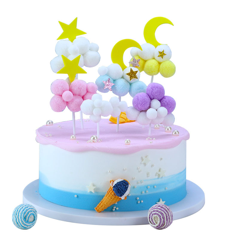 Cake Decoration Baking Birthday Party Cake Star Moon Hair Ball Plug-in Festive Dessert Billiards Decoration Card