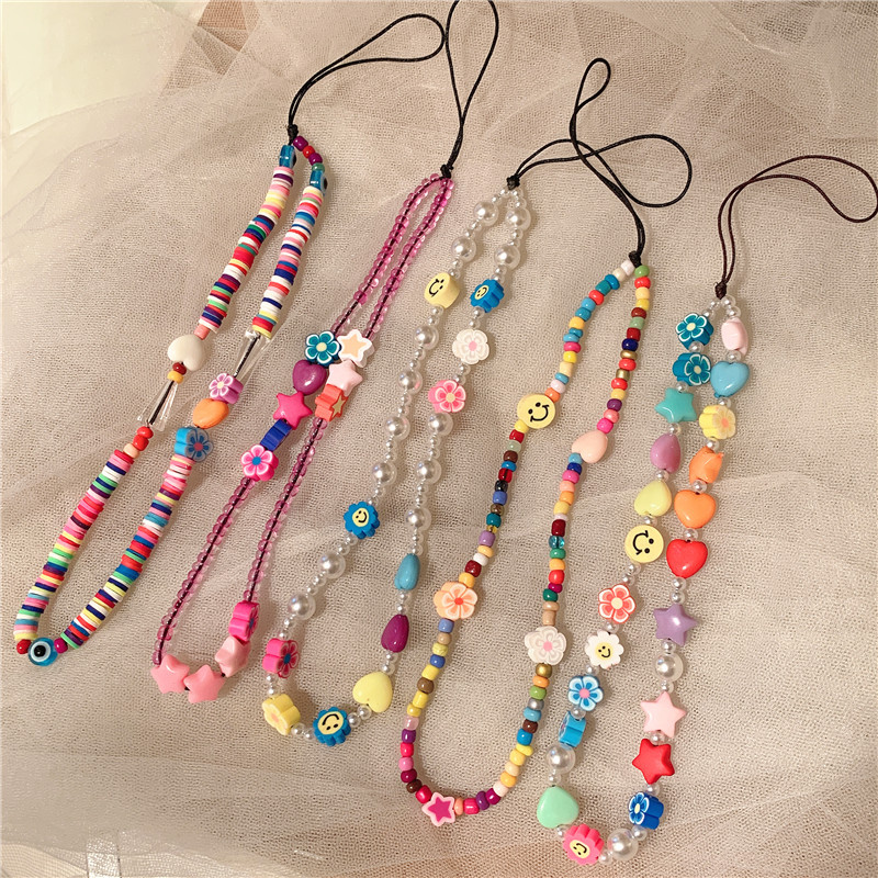 New Korean Style Ins Creative Bohemian Polymer Clay Smiley Face Stringed Pearls Mobile Phone Lanyard Acrylic Mobile Phone Charm