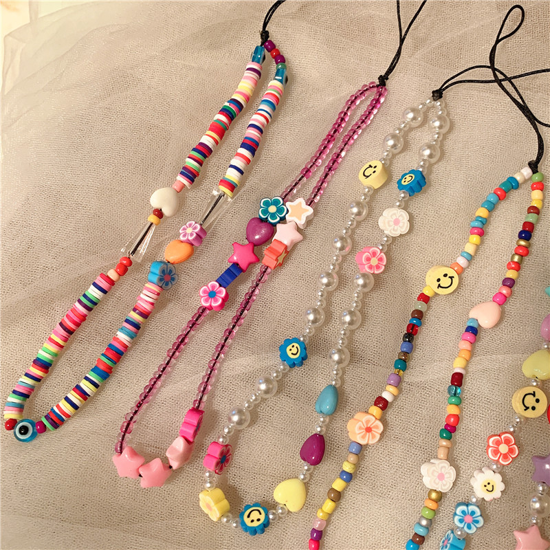 New Korean Style Ins Creative Bohemian Polymer Clay Smiley Face Stringed Pearls Mobile Phone Lanyard Acrylic Mobile Phone Charm