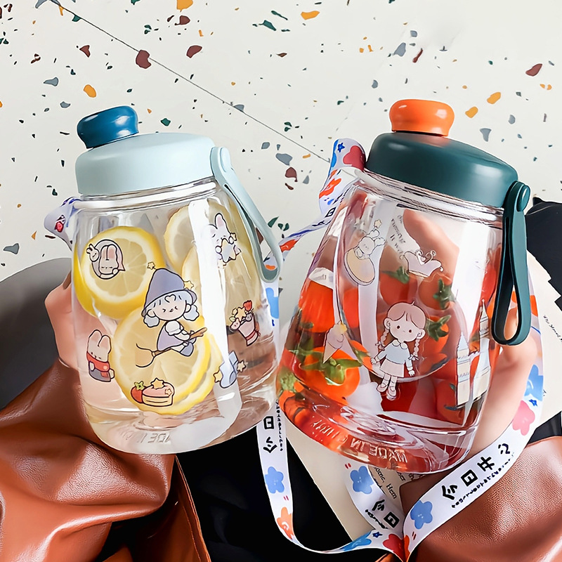INS Cartoon Doodle Cup Large-Capacity Water Cup Female Strap Sports Plastic Cup Large DIY Sticker Student Water Cup