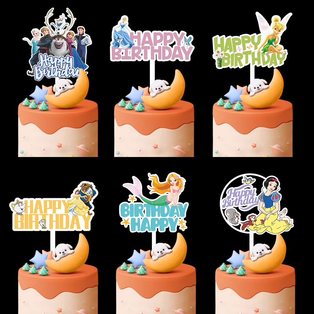 Cake Inserting Card Acrylic Color Printing Cartoon Princess Series Happy Birthday Party Gathering Baking Cake Decorations