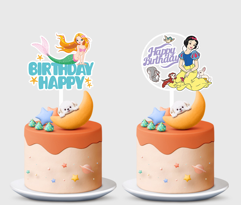 Cake Inserting Card Acrylic Color Printing Cartoon Princess Series Happy Birthday Party Gathering Baking Cake Decorations