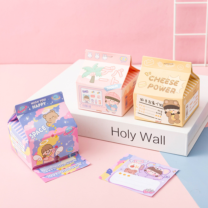 Creative Cartoon Milk Box Extraction Note Paper Girl Heart Pink Note Sticker Sticky Notes Stationery Notepad