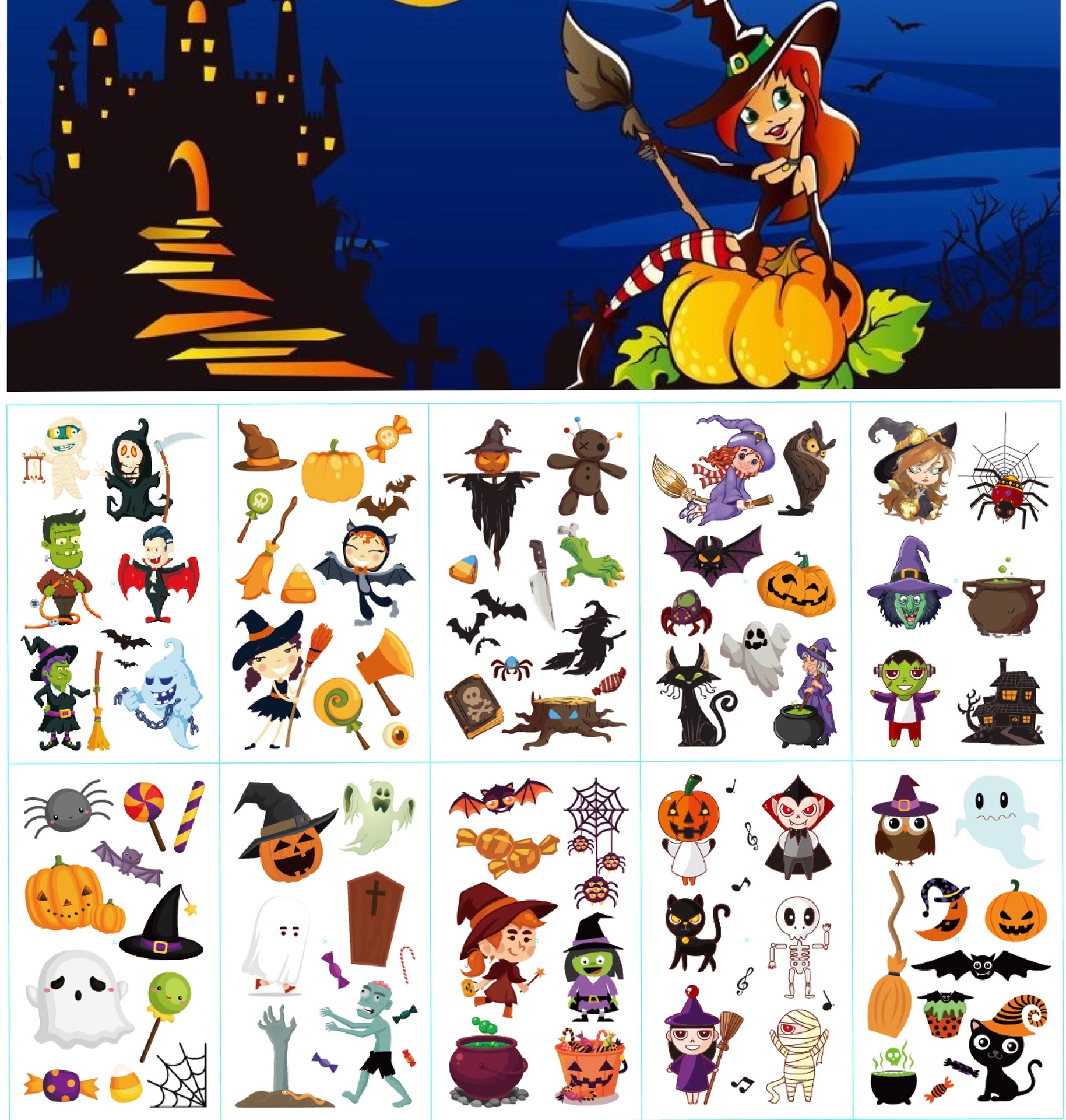 CrossBorder Halloween Tattoo Sticker Pumpkin Funny Cartoon Fun Children Disposable Tattoo Sticker Paper in Stock Whole