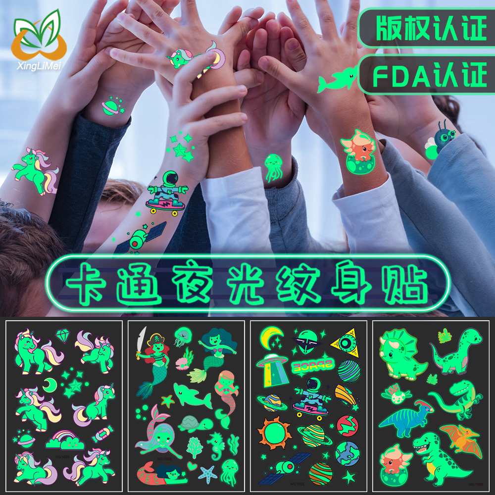 Sweatproof Fluorescent Green Unicorn Mermaid Pirate Children Temporary Tattoo Stickers Luminous Cartoon Tattoo Sticker