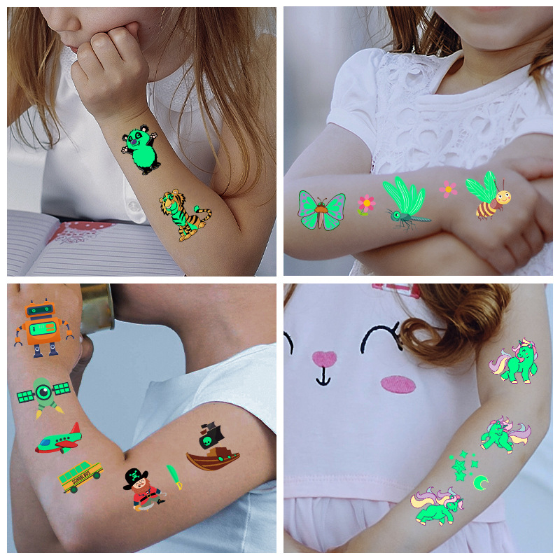 Sweatproof Fluorescent Green Unicorn Mermaid Pirate Children Temporary Tattoo Stickers Luminous Cartoon Tattoo Sticker