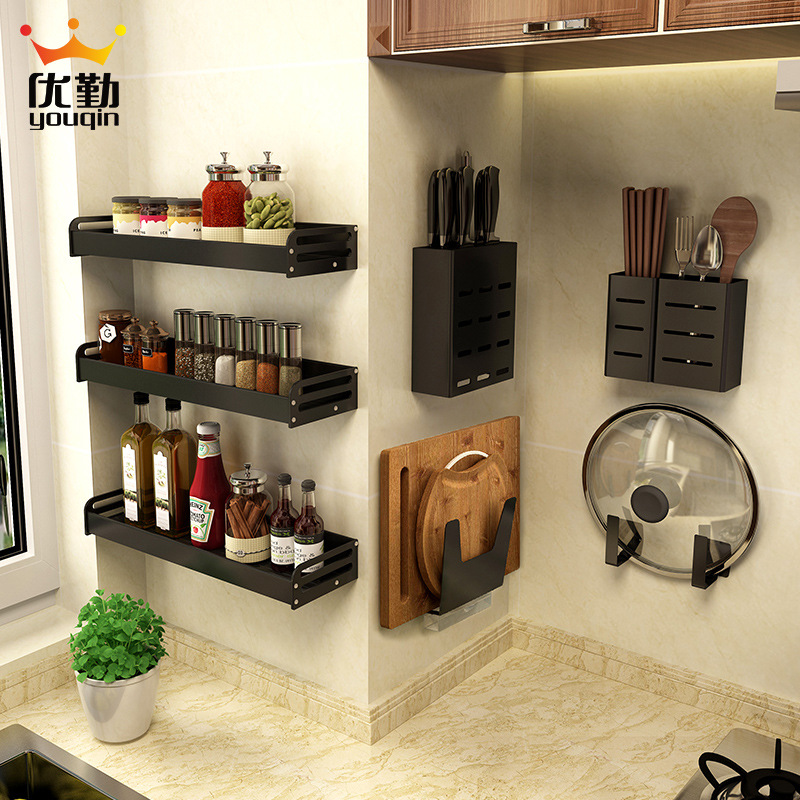 Kitchen Alumimum Tableware Drainer Punch-Free Wall Hanging Dish Seasoning Storage Rack Knife Holder Pot Cover Rack Rack