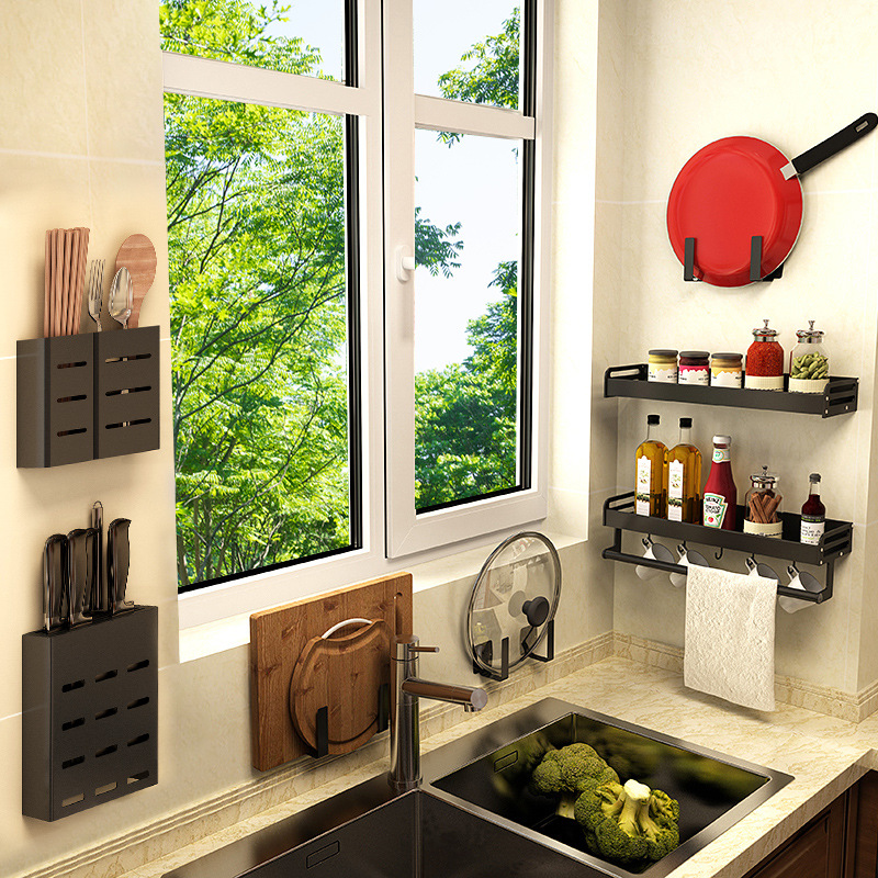 Kitchen Alumimum Tableware Drainer Punch-Free Wall Hanging Dish Seasoning Storage Rack Knife Holder Pot Cover Rack Rack