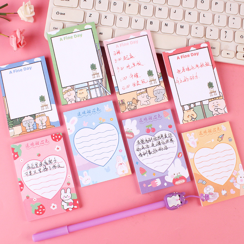 Japanese and Korean Ins Style Cute Sticky Note 50 Pieces Note Sticker Cute Cartoon Animal Fruit Pattern Thickened Message Book