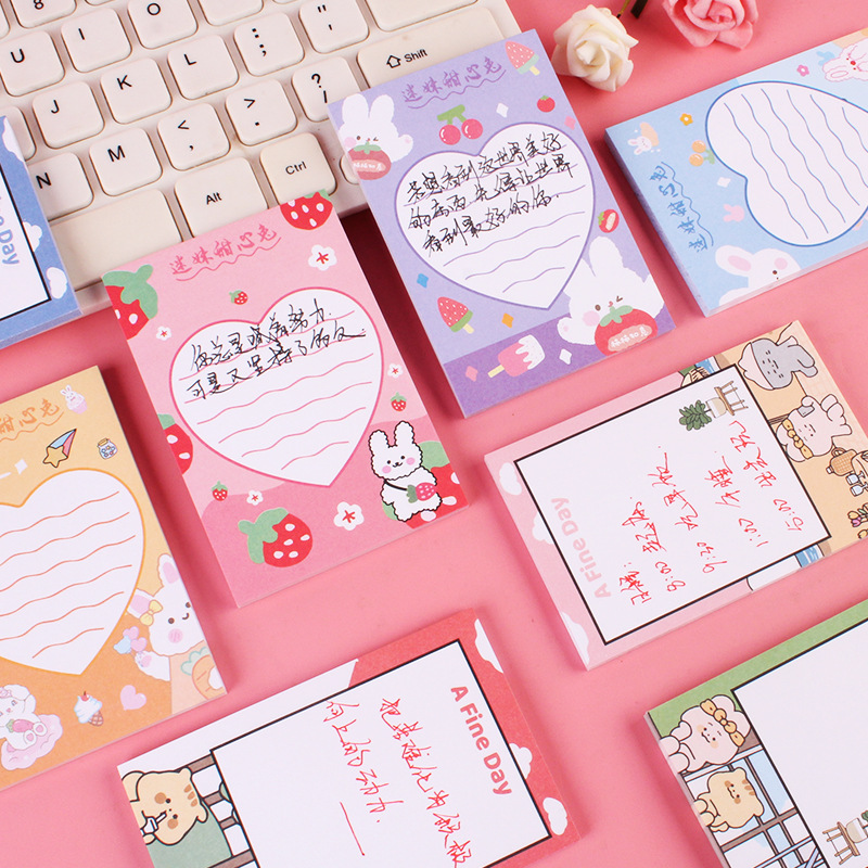 Japanese and Korean Ins Style Cute Sticky Note 50 Pieces Note Sticker Cute Cartoon Animal Fruit Pattern Thickened Message Book