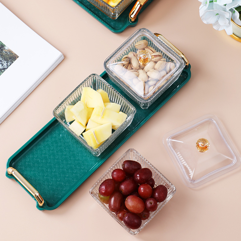 Light Luxury Glass Dustproof with Cover KTV Fruit Plate Nuts Packing Household Living Room Snacks Snack Dish Plastic Tray