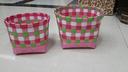 Set of 2 hand-woven Ribbon strapping round oval coloured storage baskets