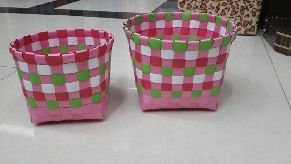 Set of 2 hand-woven Ribbon strapping round oval coloured storage baskets