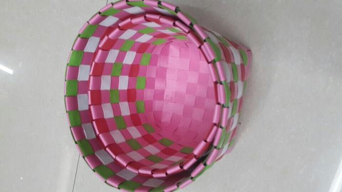 Set of 2 hand-woven Ribbon strapping round oval coloured storage baskets Set of 2 hand-woven Ribbon strapping round oval coloured storage baskets