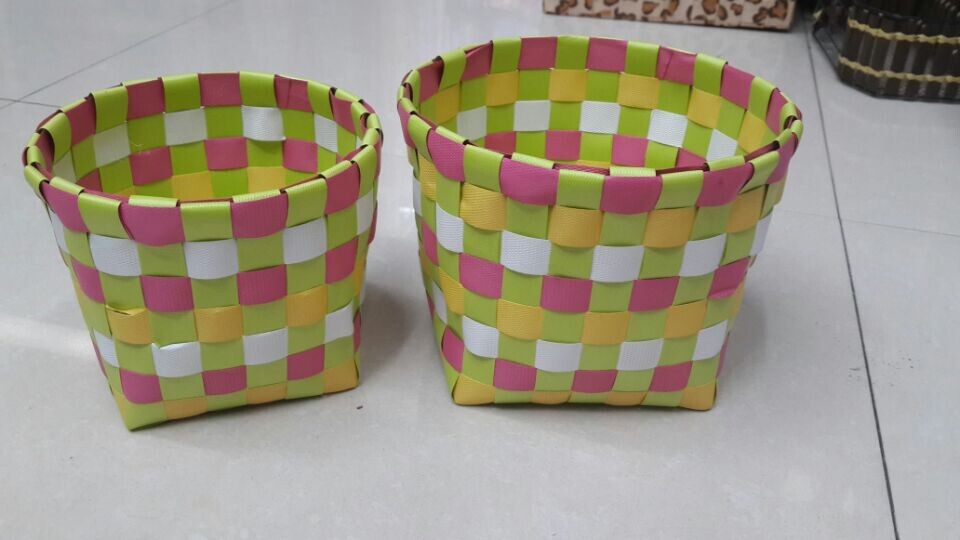 Set of 2 hand-woven Ribbon strapping round oval coloured storage baskets