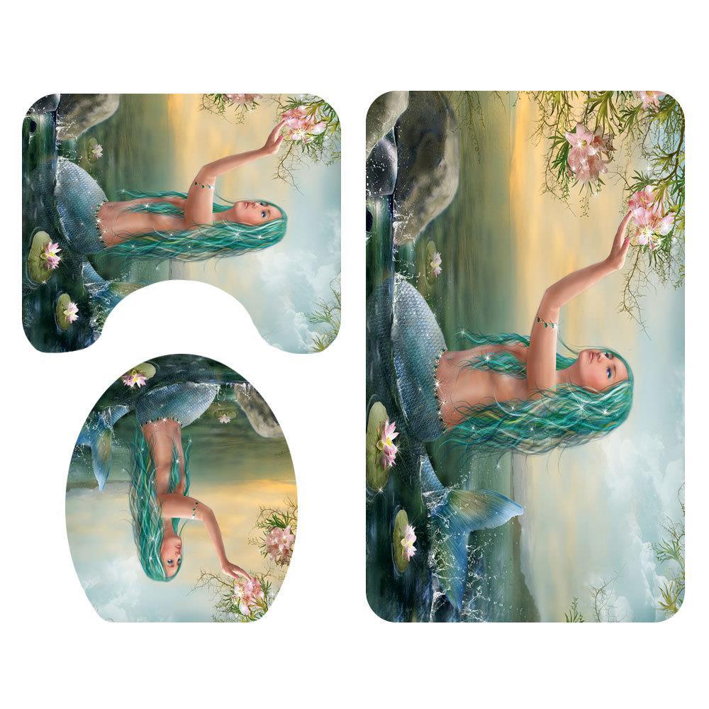 . Cross-Border Mermaid Four-Piece Amazon Bathroom Carpet Cross-Border New Arrival Shower Curtain Printing Pad Hot Sale Floor Mat Set