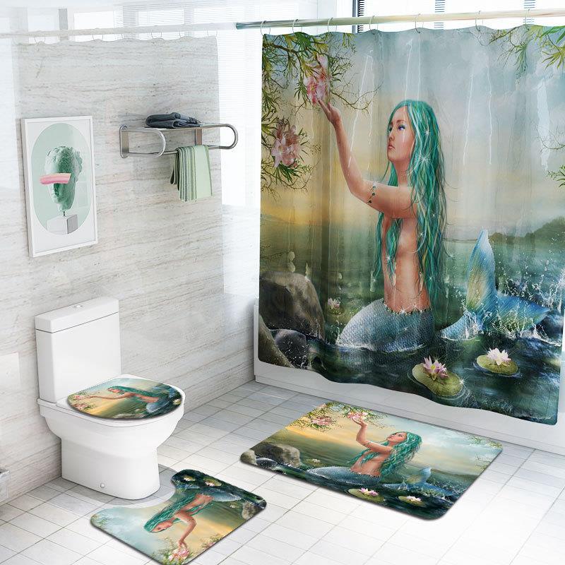 . Cross-Border Mermaid Four-Piece Amazon Bathroom Carpet Cross-Border New Arrival Shower Curtain Printing Pad Hot Sale Floor Mat Set