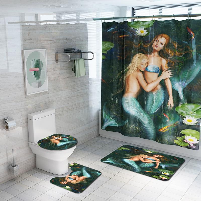 . Cross-Border Mermaid Four-Piece Amazon Bathroom Carpet Cross-Border New Arrival Shower Curtain Printing Pad Hot Sale Floor Mat Set