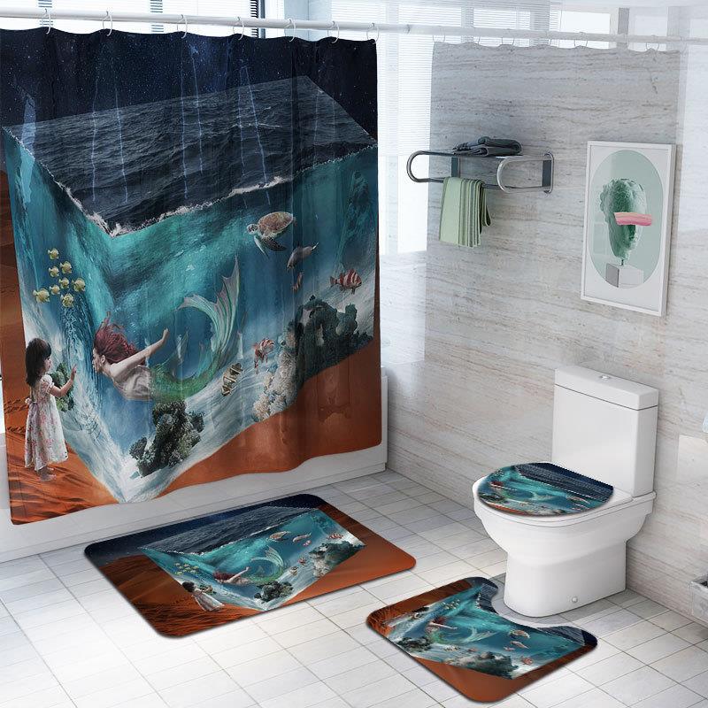 . Cross-Border Mermaid Four-Piece Amazon Bathroom Carpet Cross-Border New Arrival Shower Curtain Printing Pad Hot Sale Floor Mat Set . Cross-Border Mermaid Four-Piece Amazon Bathroom Carpet Cross-Border New Arrival Shower Curtain Printing Pad Hot Sale Floor Mat Set
