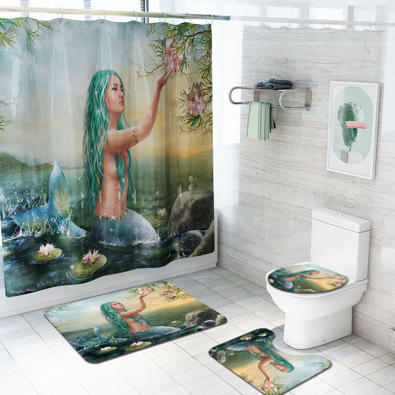 . Cross-Border Mermaid Four-Piece Amazon Bathroom Carpet Cross-Border New Arrival Shower Curtain Printing Pad Hot Sale Floor Mat Set . Cross-Border Mermaid Four-Piece Amazon Bathroom Carpet Cross-Border New Arrival Shower Curtain Printing Pad Hot Sale Floor Mat Set