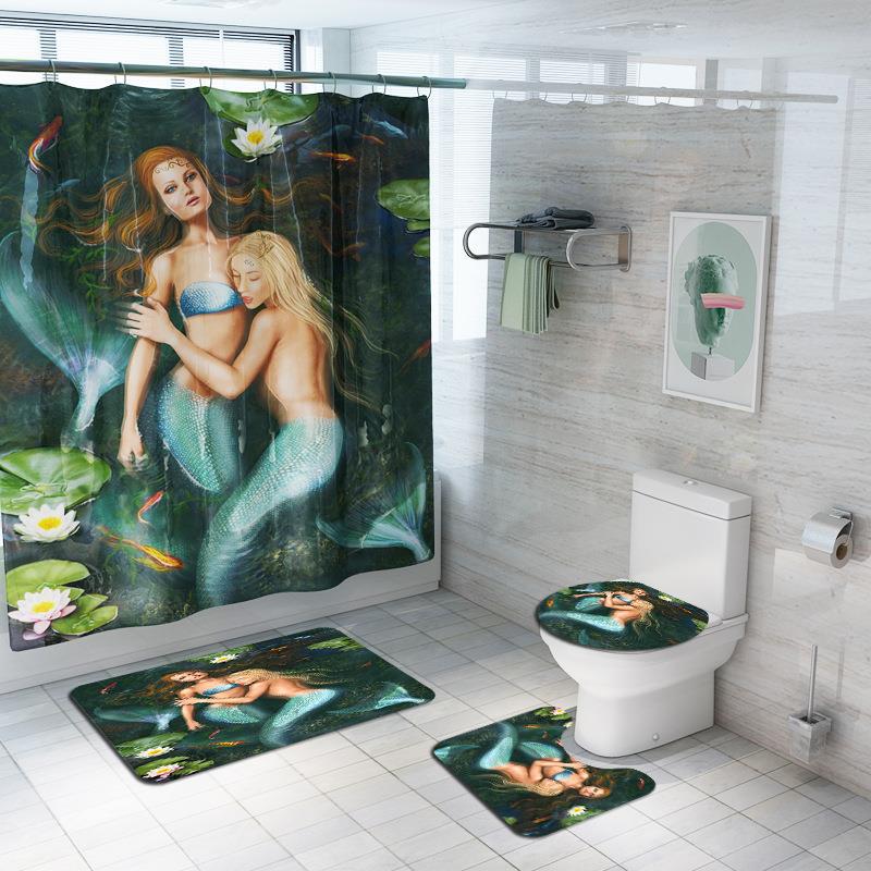. Cross-Border Mermaid Four-Piece Amazon Bathroom Carpet Cross-Border New Arrival Shower Curtain Printing Pad Hot Sale Floor Mat Set . Cross-Border Mermaid Four-Piece Amazon Bathroom Carpet Cross-Border New Arrival Shower Curtain Printing Pad Hot Sale Floor Mat Set