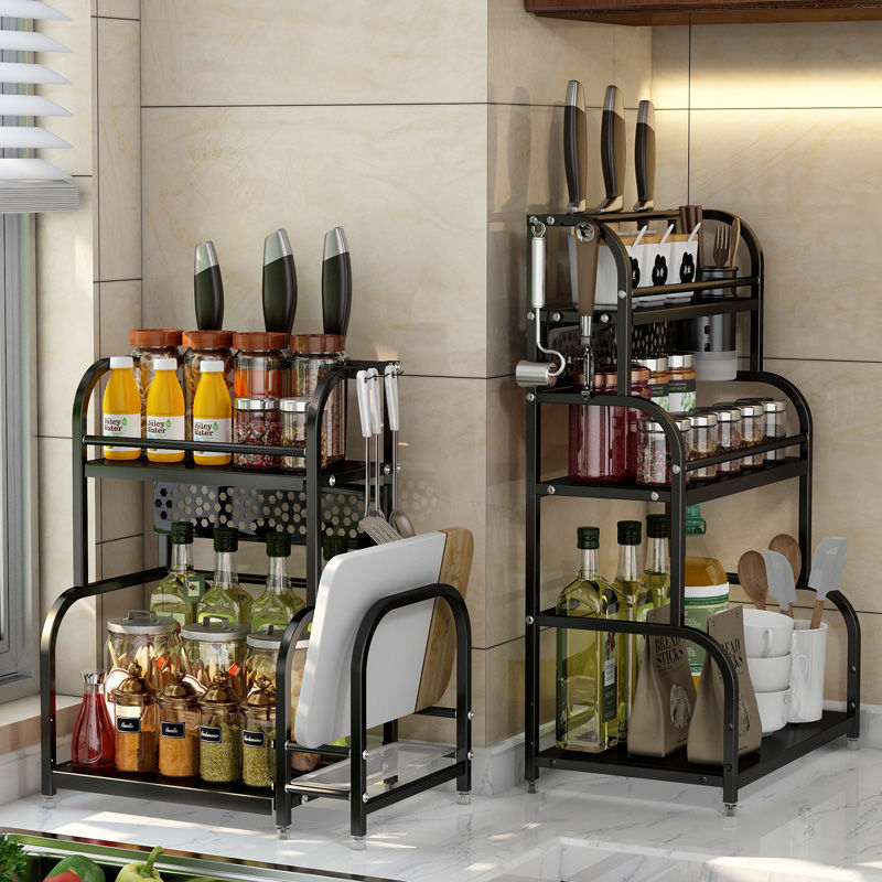 Kitchen Storage Rack Kitchen Storage Rack Stainless Steel Knife Holder Chopsticks Seasoning Storage Rack Table Top Multi-Layer Black