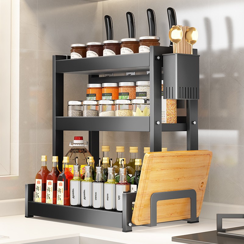 Kitchen Rack Floor Seasoning Rack Household Condiments Table Shelf Multi-Functional Desktop Knife Rack Storage Rack