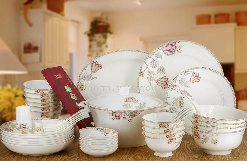 Jingdezhen 60 head high bone China tableware set ceramic bowl ceramic spoon ceramic plate bone China tableware
