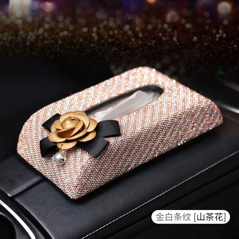 Car Tissue Box Diamond Leather Camellia Striped Full Diamond Tissue Box Seat Armrest Box Tissue Box Car
