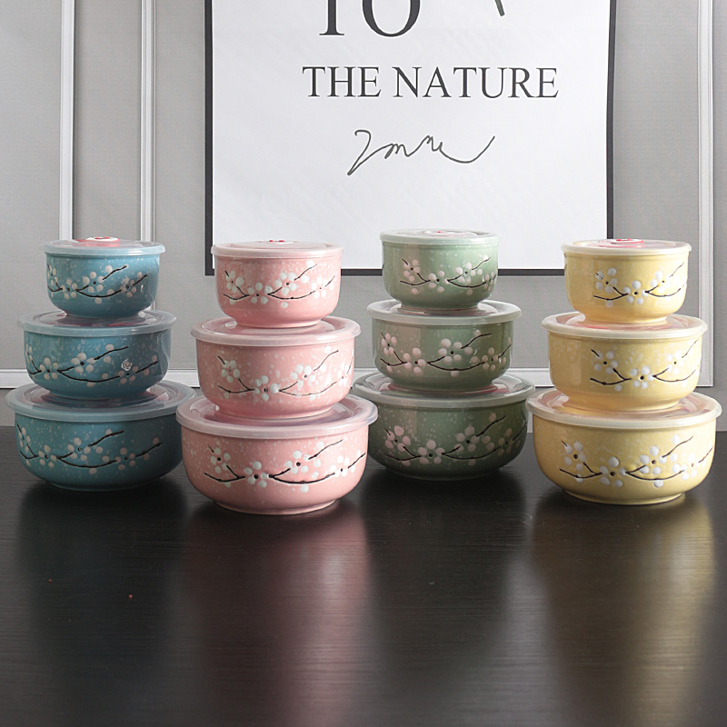 Ceramic Freshness Bowl Three-Piece Microwave Oven Freshness Bowl Gift Box Snowflake Glaze Meeting Sale Gift Wedding Return Set