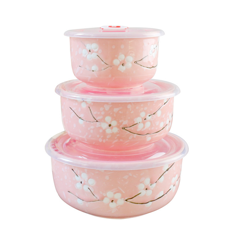 Ceramic Freshness Bowl Three-Piece Microwave Oven Freshness Bowl Gift Box Snowflake Glaze Meeting Sale Gift Wedding Return Set