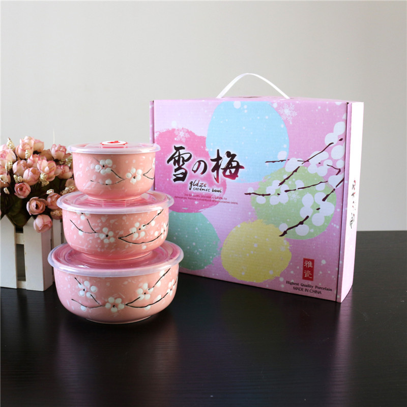 Ceramic Freshness Bowl Three-Piece Microwave Oven Freshness Bowl Gift Box Snowflake Glaze Meeting Sale Gift Wedding Return Set