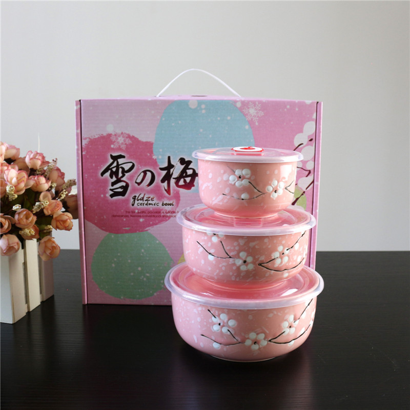 Ceramic Freshness Bowl Three-Piece Microwave Oven Freshness Bowl Gift Box Snowflake Glaze Meeting Sale Gift Wedding Return Set