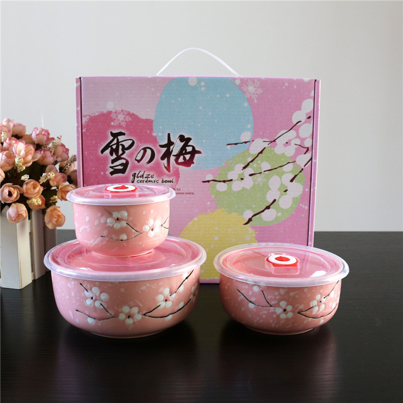 Ceramic Freshness Bowl Three-Piece Microwave Oven Freshness Bowl Gift Box Snowflake Glaze Meeting Sale Gift Wedding Return Set